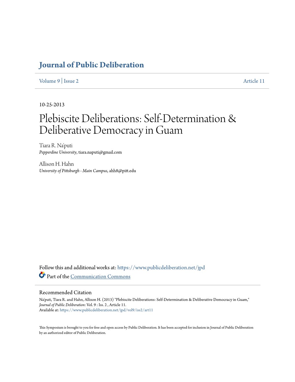 Plebiscite Deliberations: Self-Determination & Deliberative Democracy in Guam Tiara R