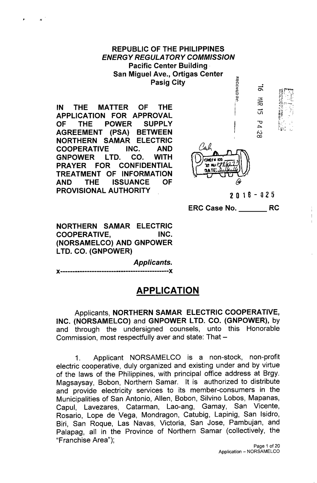 Application for Approval of the Power Supply -Q Agreement (Psa) Between Nj Gd Northern Samar Electric Cooperative Inc