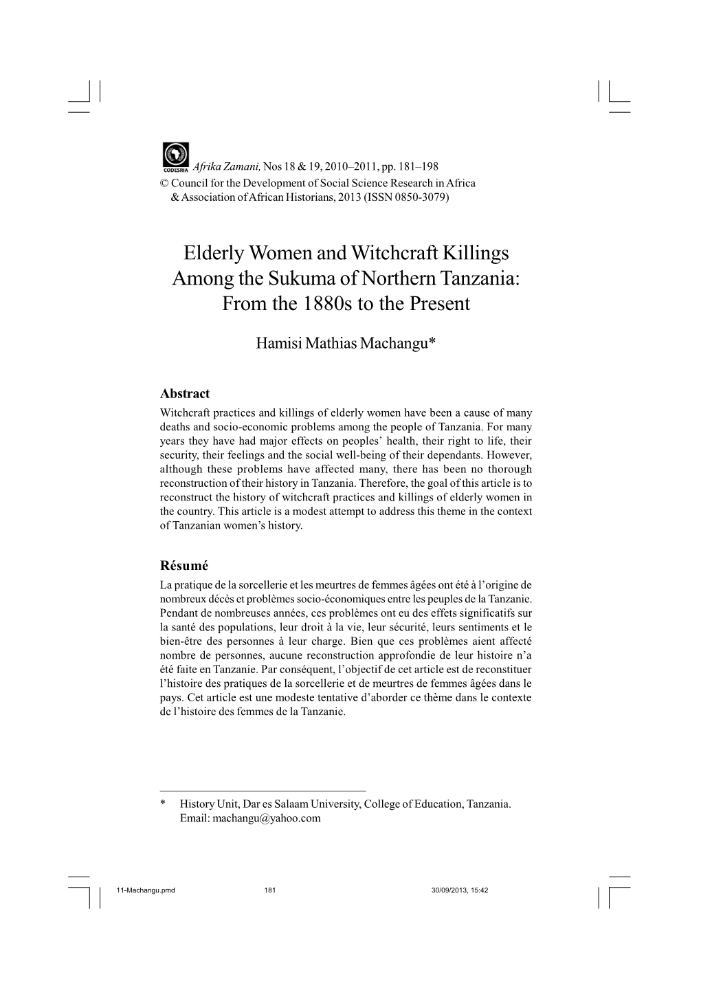 Elderly Women and Witchcraft Killings Among the Sukuma of Northern Tanzania: from the 1880S to the Present