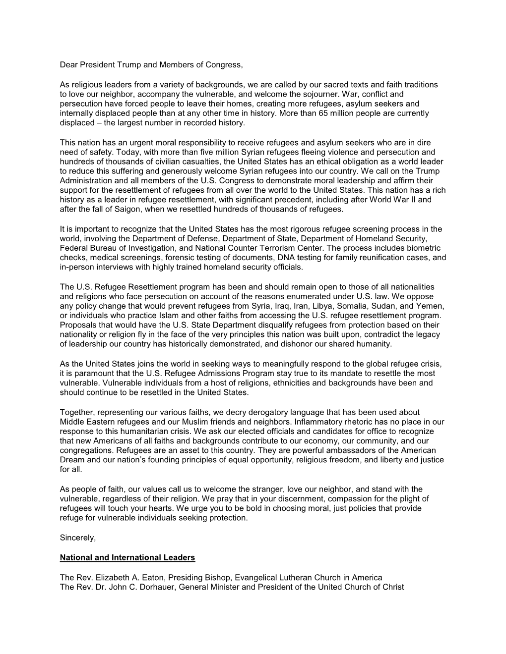 Faith Leaders Letter on Refugees