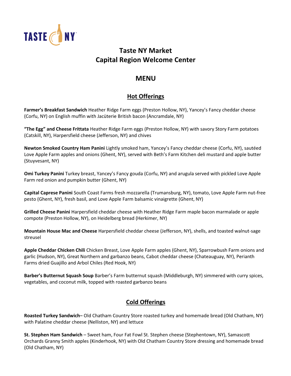 Capital Region Taste NY Menu