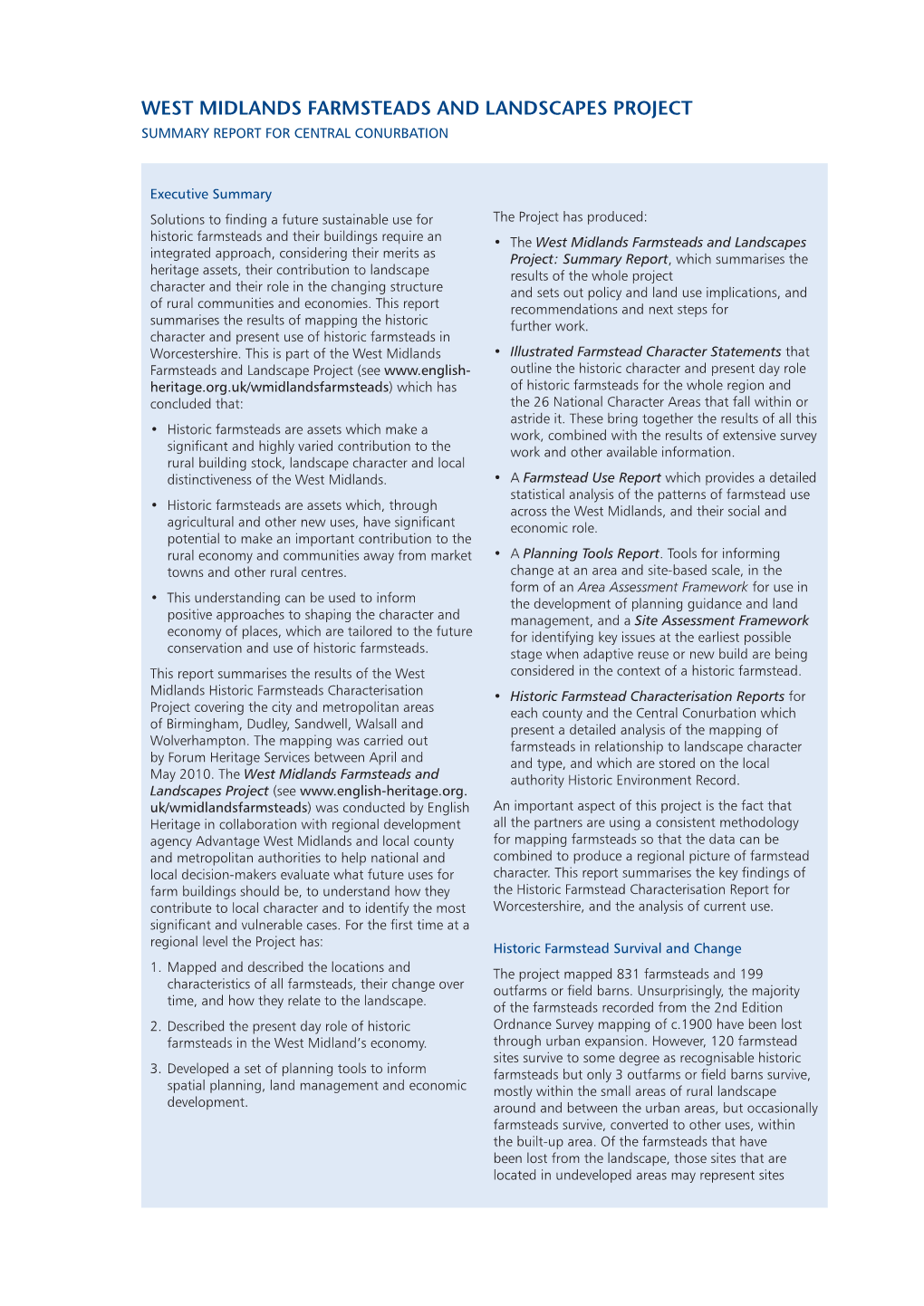 West Midlands Farmsteads and Landscapes Project Summary Report for Central Conurbation