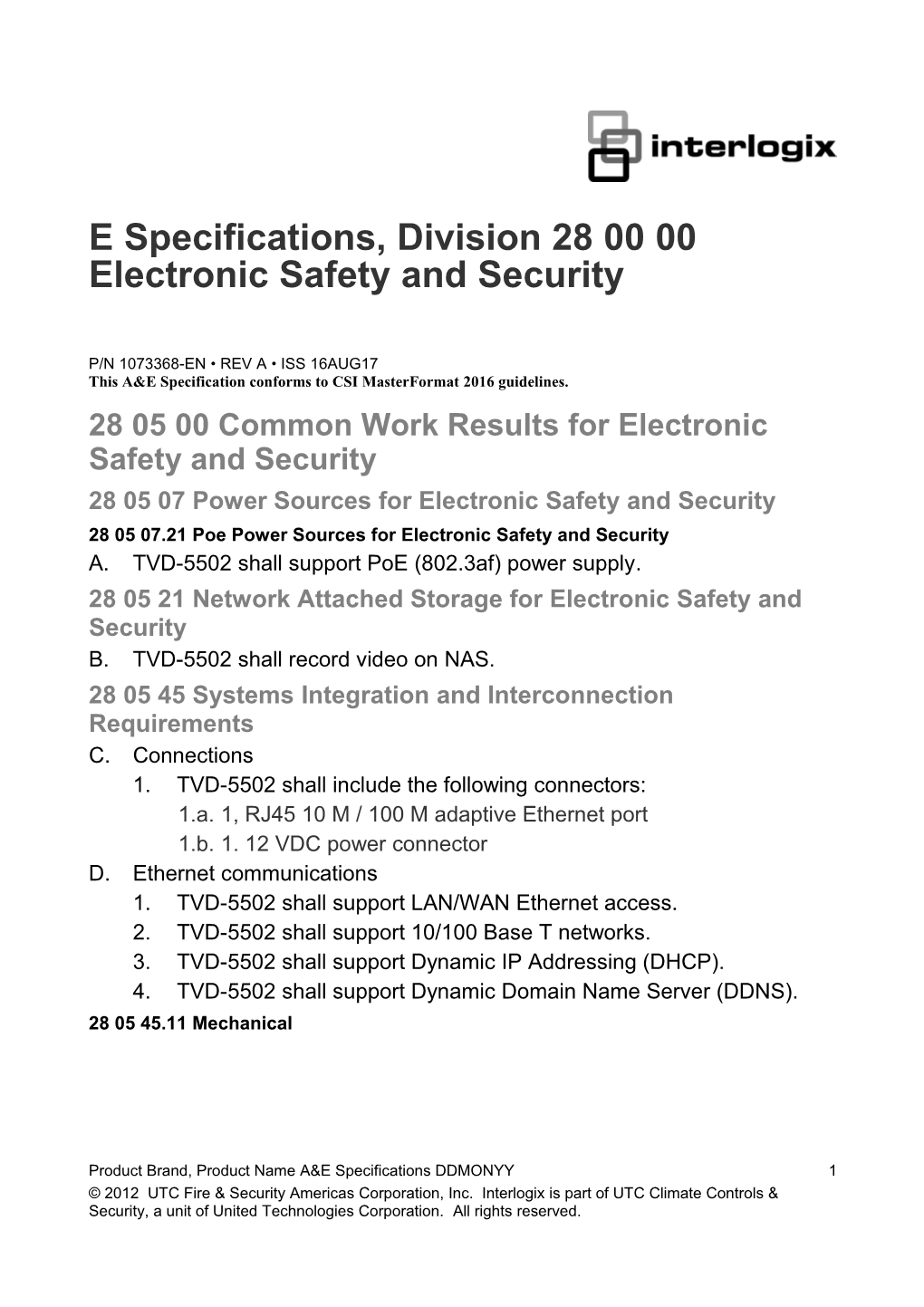 TVD-5502 IP S5 Camera A&E Specifications, Division 28 00 00 Electronic Safety and Security