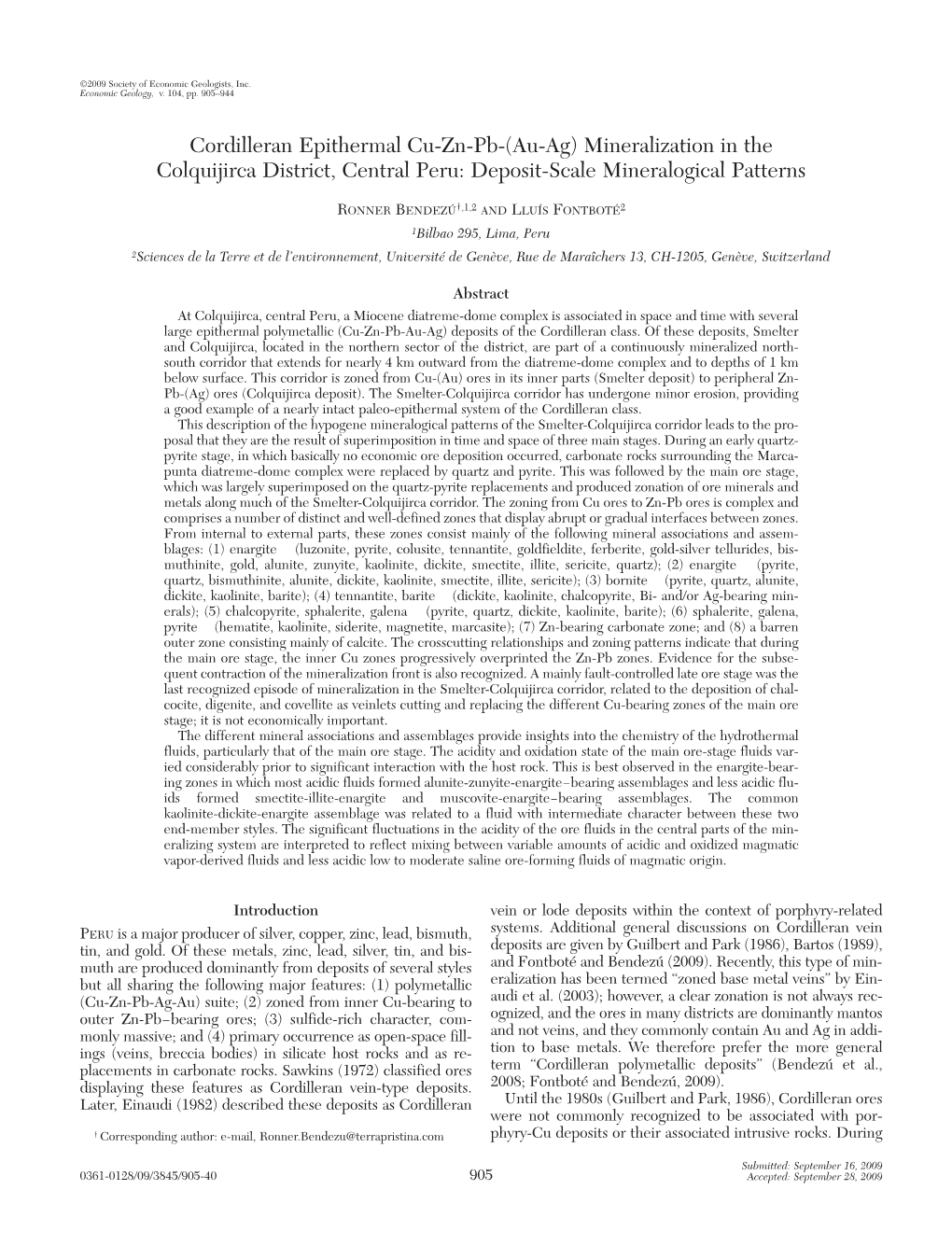 Cordilleran Epithermal Cu-Zn-Pb-(Au-Ag) Mineralization in the Colquijirca District, Central Peru: Deposit-Scale Mineralogical Patterns