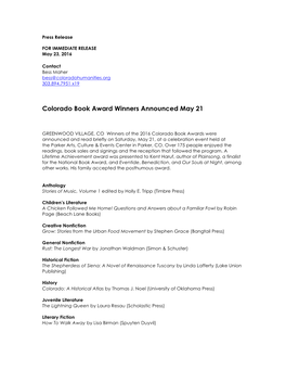 Colorado Book Award Winners Announced May 21