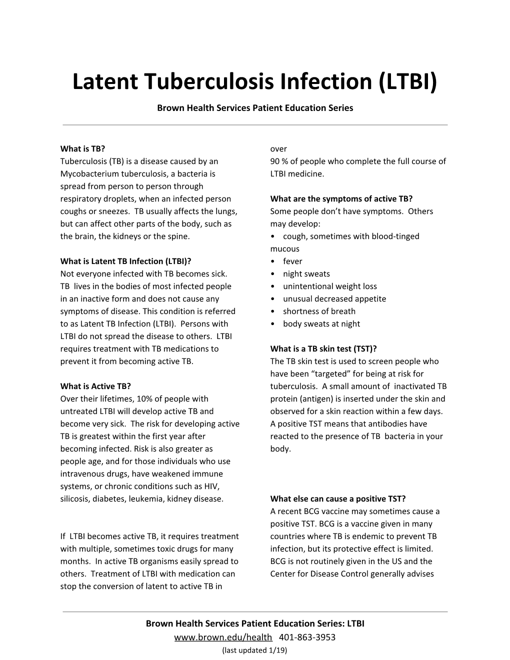 Latent Tuberculosis Infection (LTBI) Brown Health Services Patient Education Series