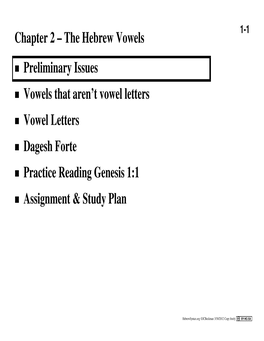 Chapter 2 – the Hebrew Vowels Preliminary Issues Vowels That Aren't Vowel Letters Vowel Letters Dagesh Forte