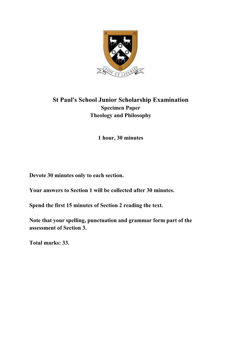 St Paul's School Junior Scholarship Examination Specimen Paper Theology and Philosophy