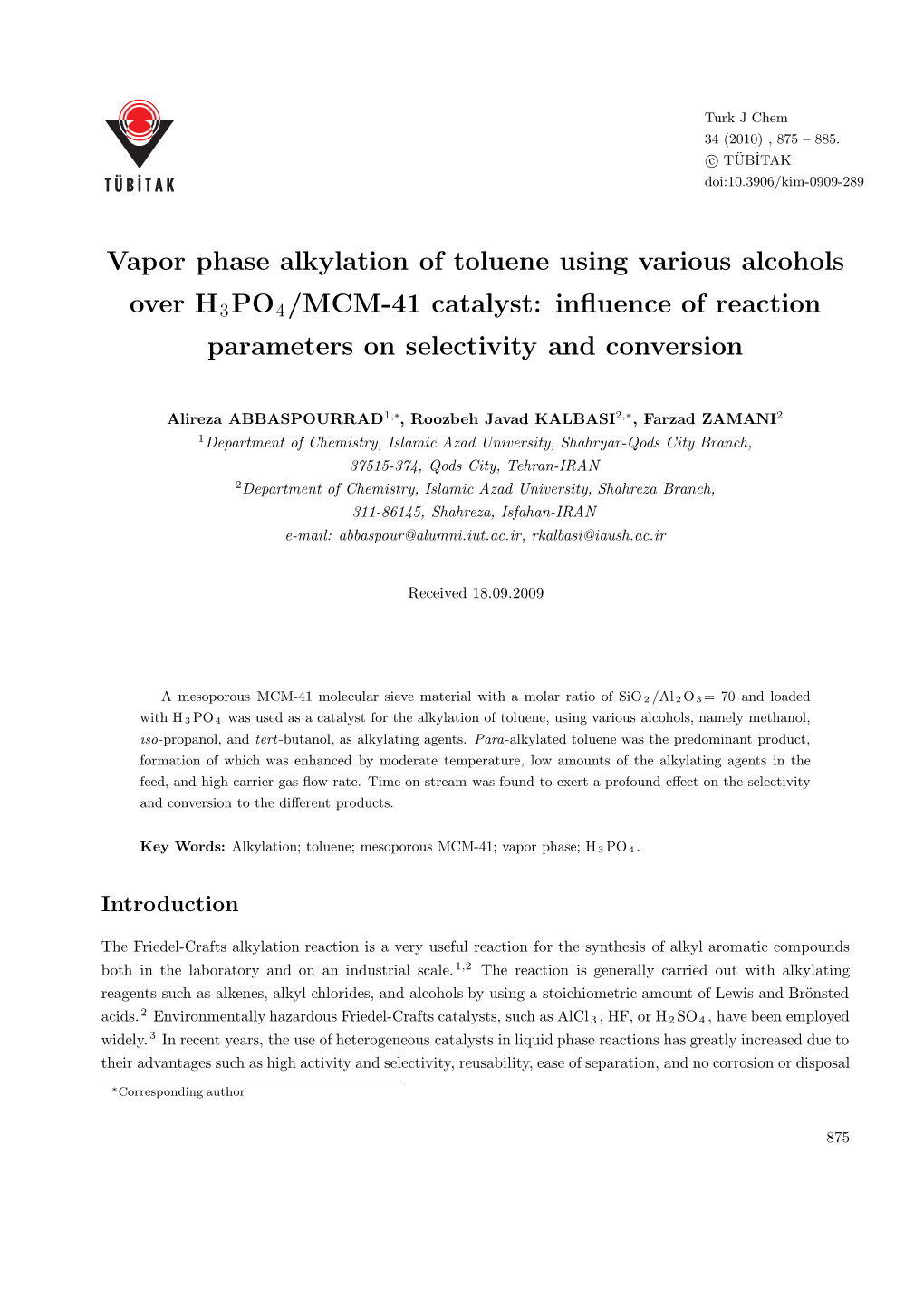 Vapor Phase Alkylation of Toluene Using Various Alcohols Over H3PO4