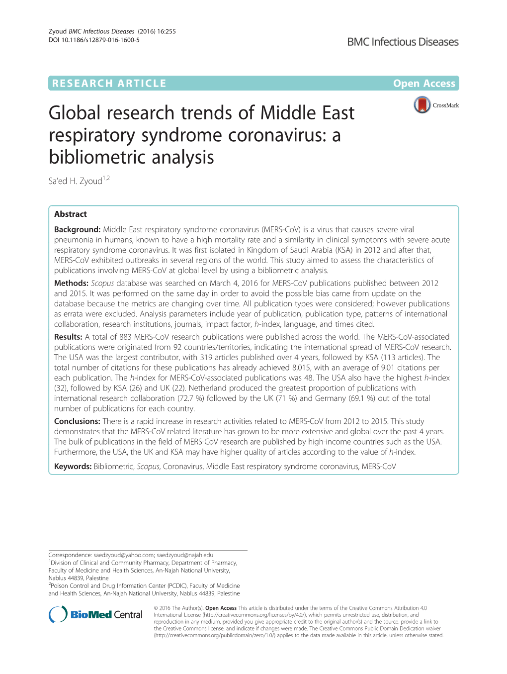 Global Research Trends of Middle East Respiratory Syndrome Coronavirus: a Bibliometric Analysis Sa’Ed H