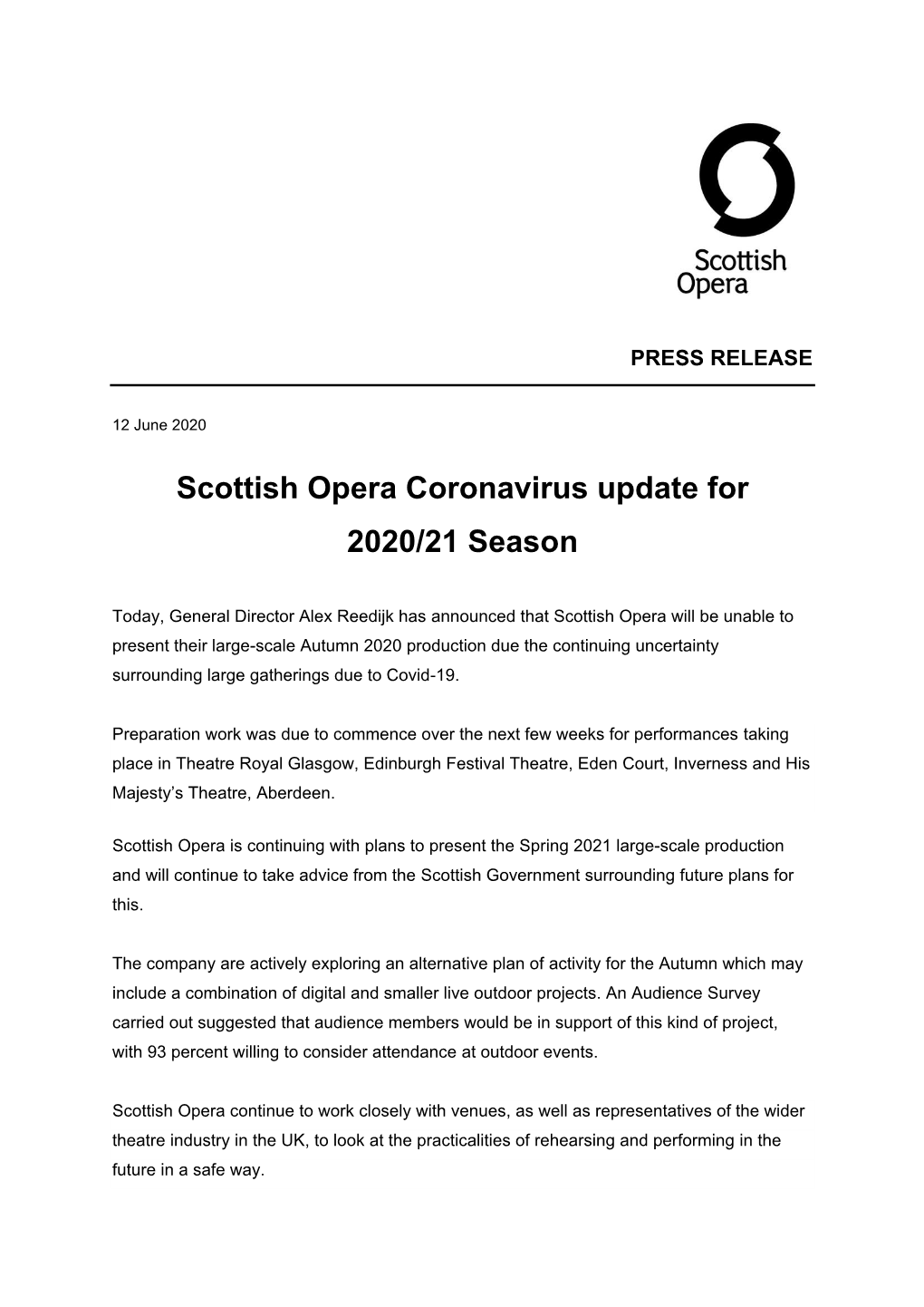 Scottish Opera Coronavirus Update for 2020/21 Season