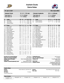 Anaheim Ducks Game Notes