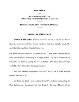 LOK SABHA ___ SYNOPSIS of DEBATES (Proceedings Other Than Questions & Answers) ___Thursday, May 05, 2016/ Vaisakha