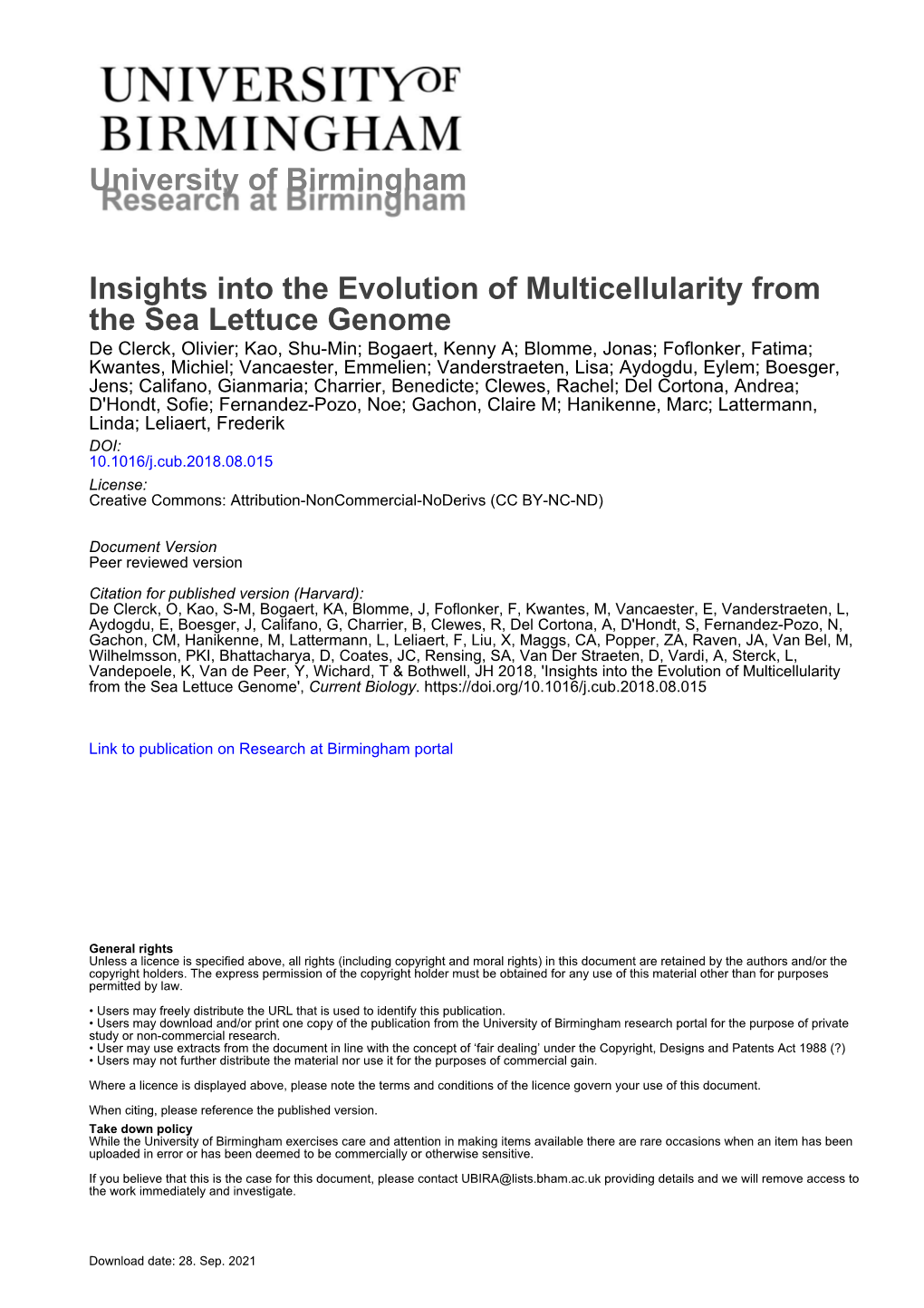 University of Birmingham Insights Into the Evolution of Multicellularity From