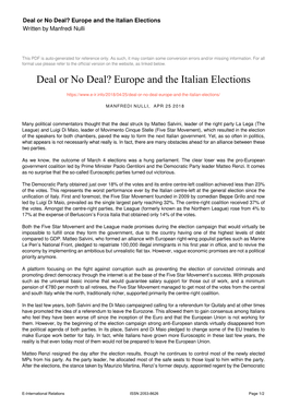 Deal Or No Deal? Europe and the Italian Elections Written by Manfredi Nulli