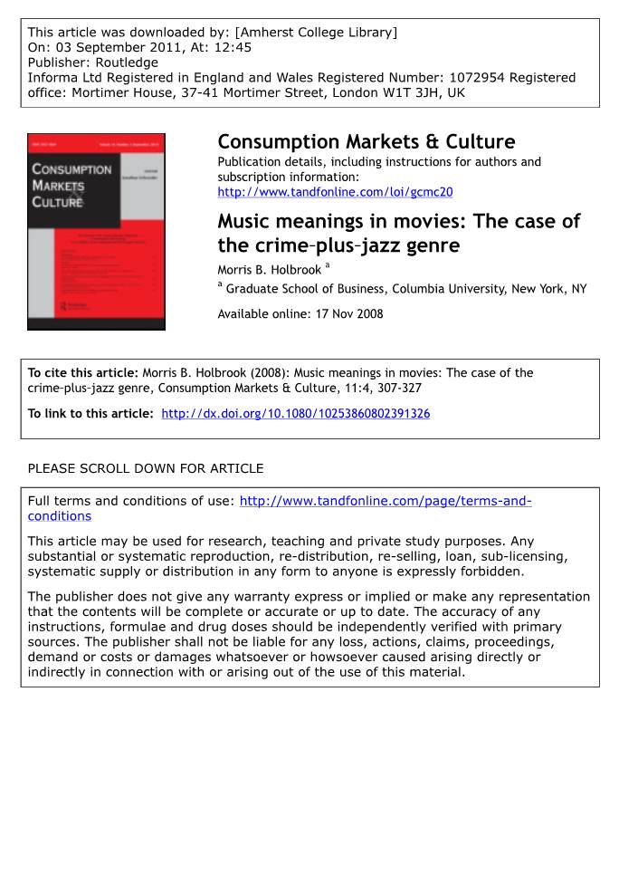 Music Meanings in Movies: the Case of the Crime‐Plus‐Jazz Genre