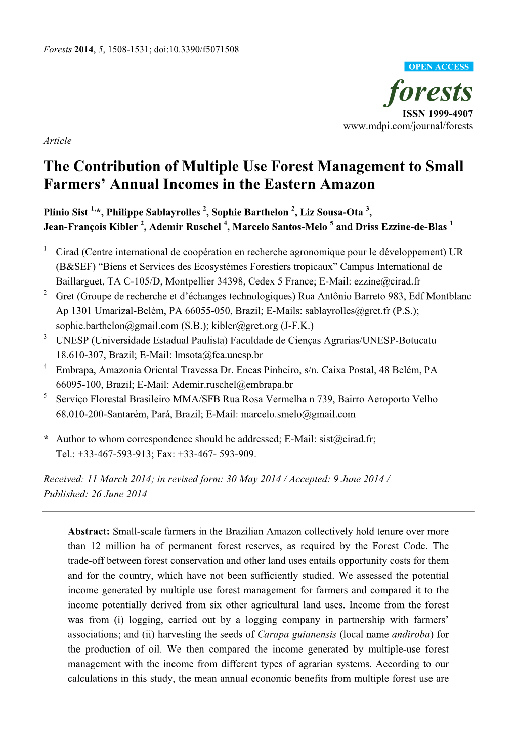 The Contribution of Multiple Use Forest Management to Small Farmers’ Annual Incomes in the Eastern Amazon