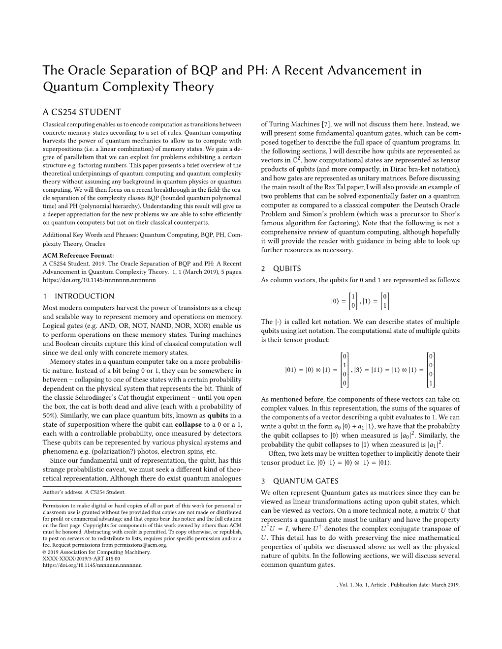 The Oracle Separation of BQP and PH: a Recent Advancement in Quantum Complexity Theory