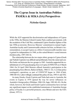 The Cyprus Issue in Australian Politics: PASEKA & SEKA (SA) Perspectives