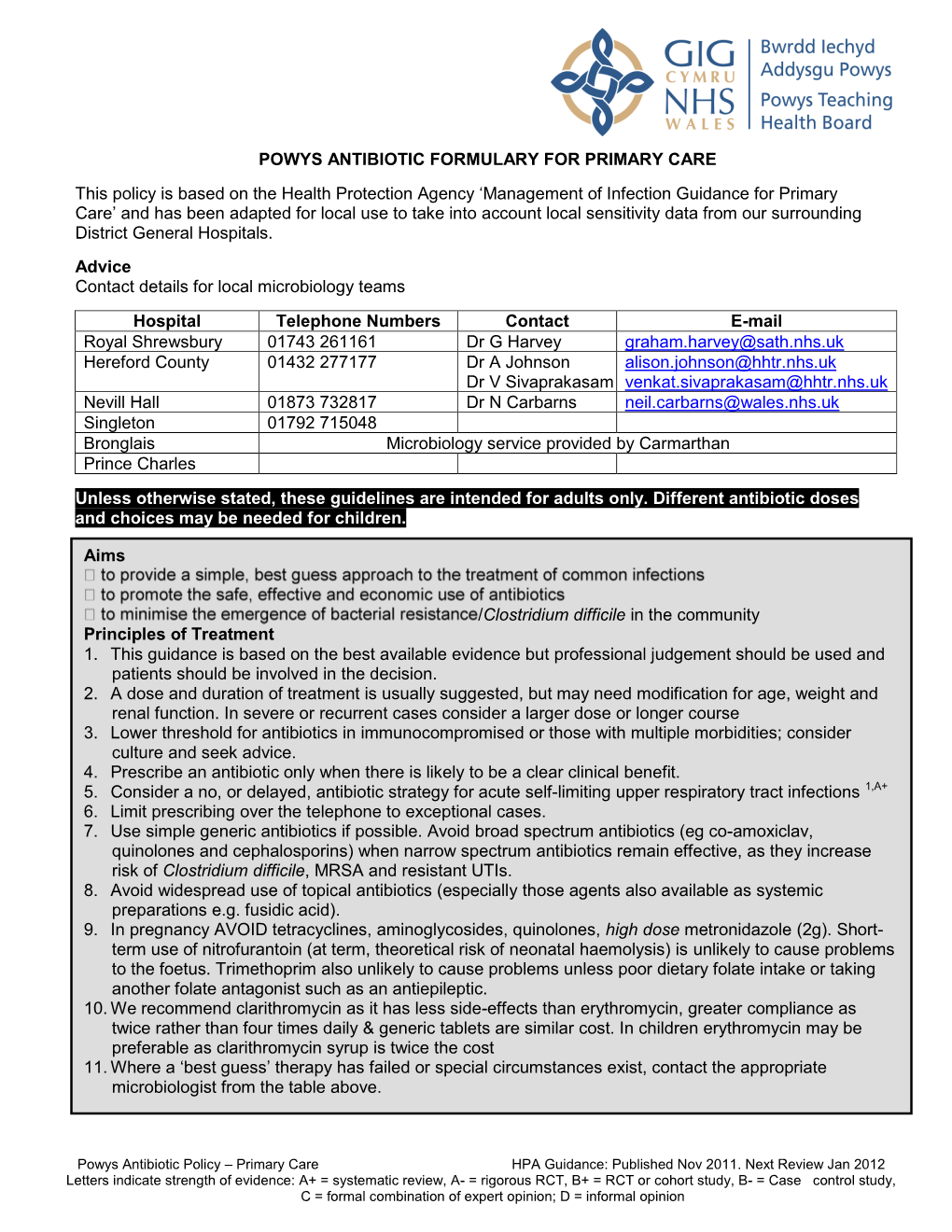 Powys Antibiotic Formulary for Primary Care