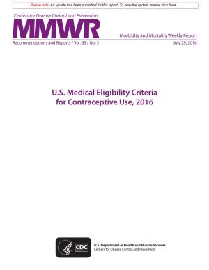 U.S. Medical Eligibility Criteria for Contraceptive Use, 2016