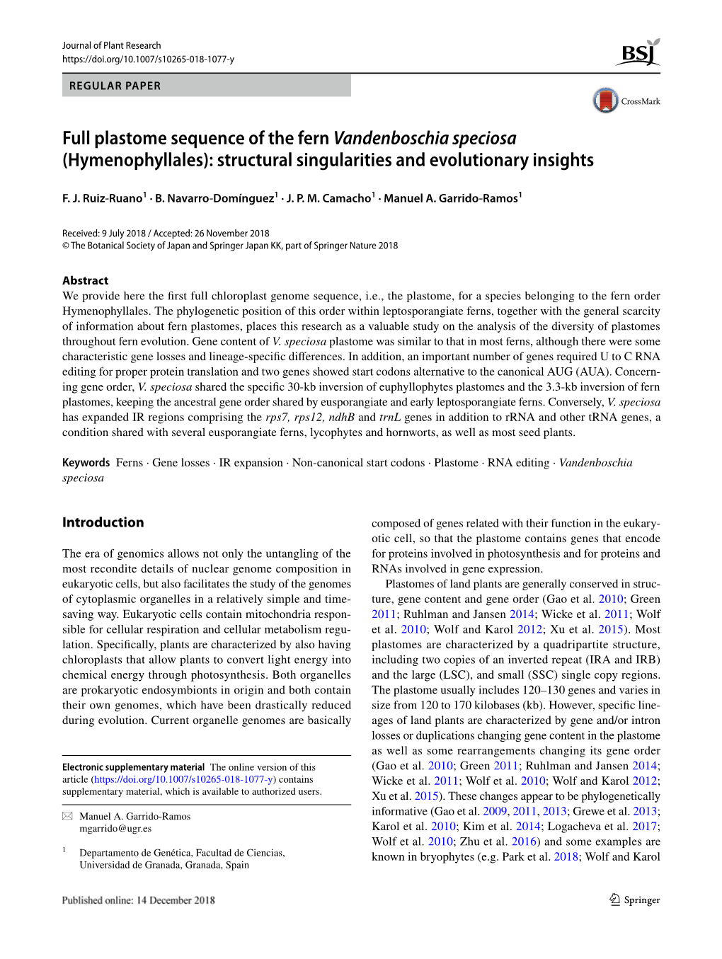 Full Plastome Sequence of the Fern Vandenboschia Speciosa (Hymenophyllales): Structural Singularities and Evolutionary Insights