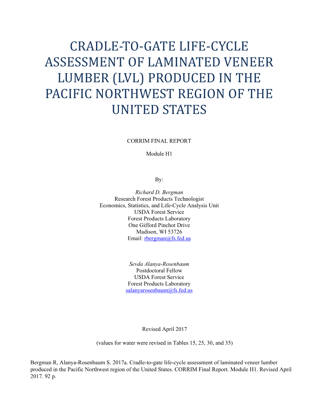 Cradle-To-Gate Life-Cycle Assessment of Laminated Veneer Lumber (Lvl) Produced in the Pacific Northwest Region of the United States