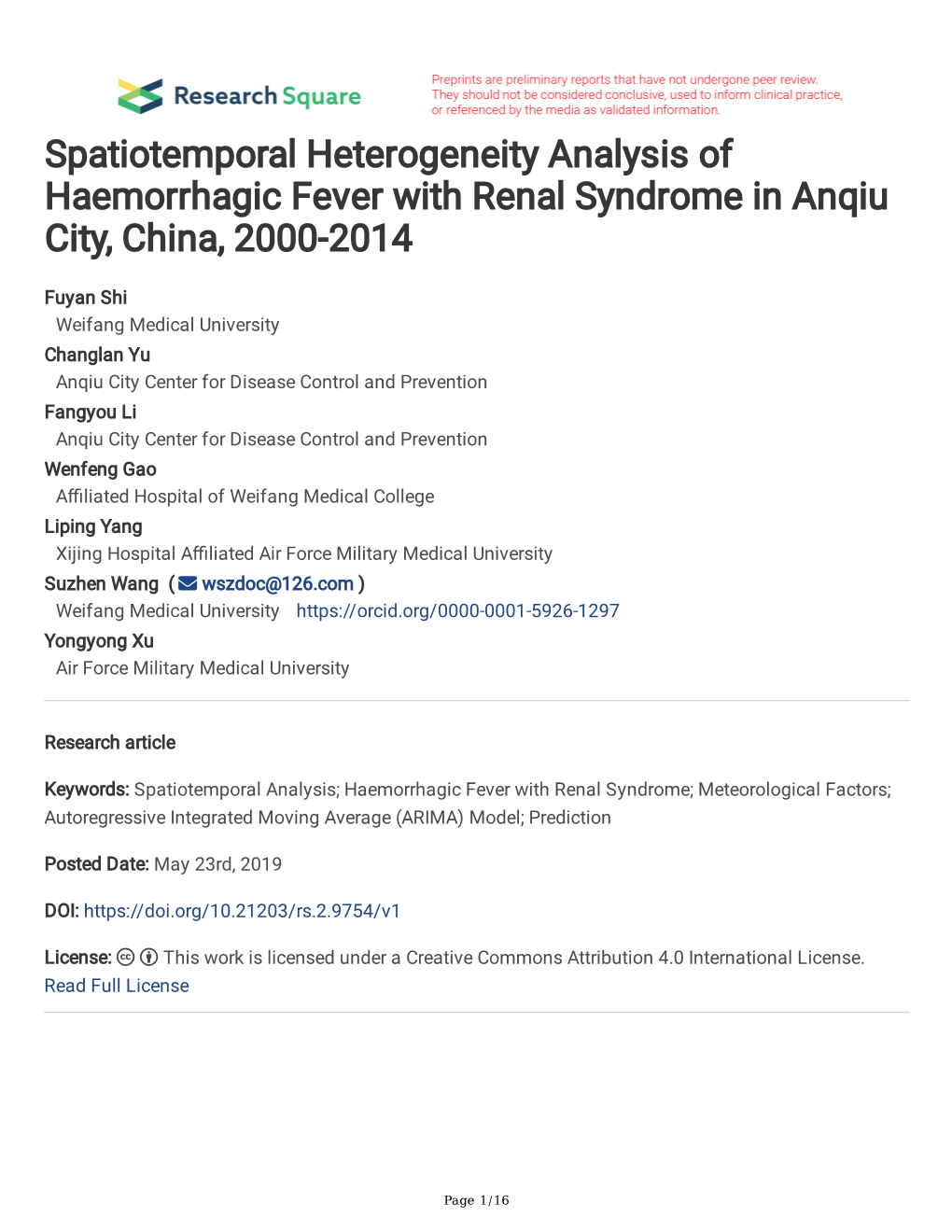 Spatiotemporal Heterogeneity Analysis of Haemorrhagic Fever with Renal Syndrome in Anqiu City, China, 2000-2014