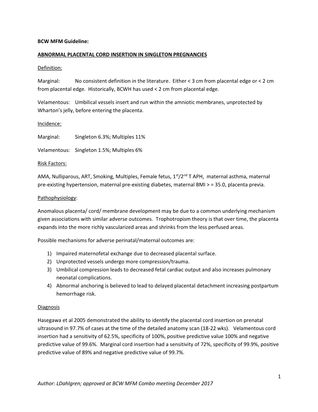 BCW MFM Guideline ABNORMAL PLACENTAL CORD INSERTION