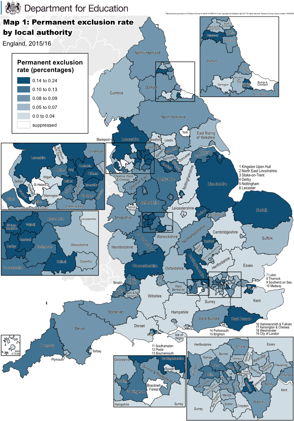 Map 1: Permanent Exclusion Rate by Local Authority