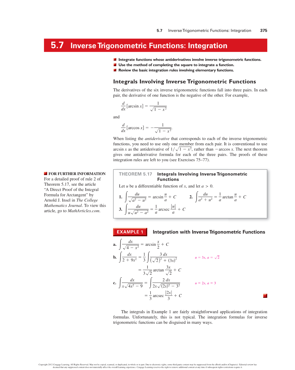 5.7 Inverse Trigonometric Functions: Integration 375