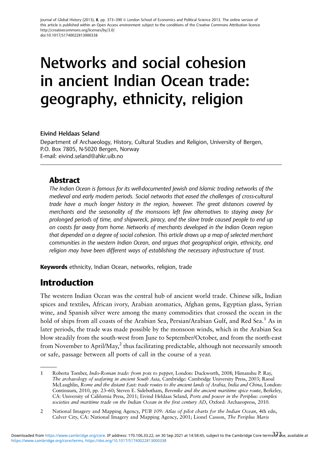 Networks and Social Cohesion in Ancient Indian Ocean Trade: Geography, Ethnicity, Religion