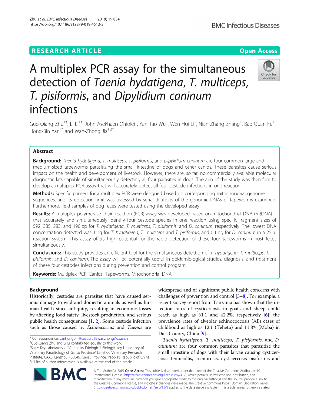 A Multiplex PCR Assay For The Simultaneous Detection Of Taenia ...