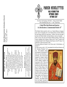 Parish Newsletter Holy Resurrectionholy Orthodox Churchorthodox October October 2017 Oxy to Their New Homelands