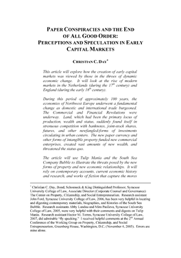 Paper Conspiracies and the End of All Good Order: Perceptions and Speculation in Early Capital Markets