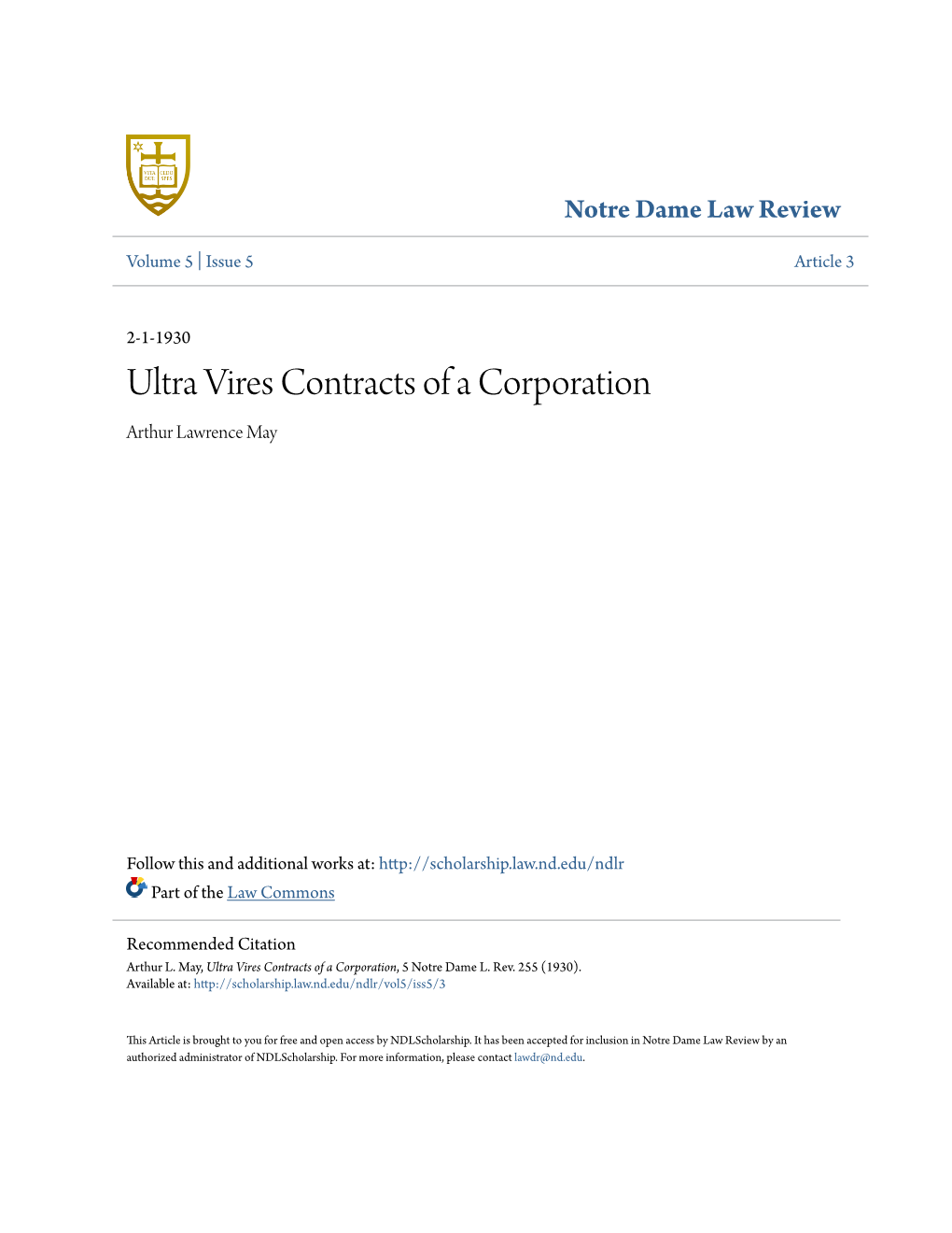 Ultra Vires Contracts of a Corporation Arthur Lawrence May