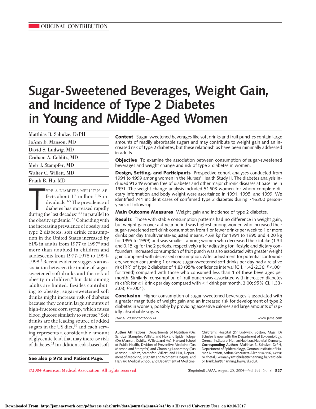 Sugar-Sweetened Beverages, Weight Gain, and Incidence of Type 2 Diabetes in Young and Middle-Aged Women