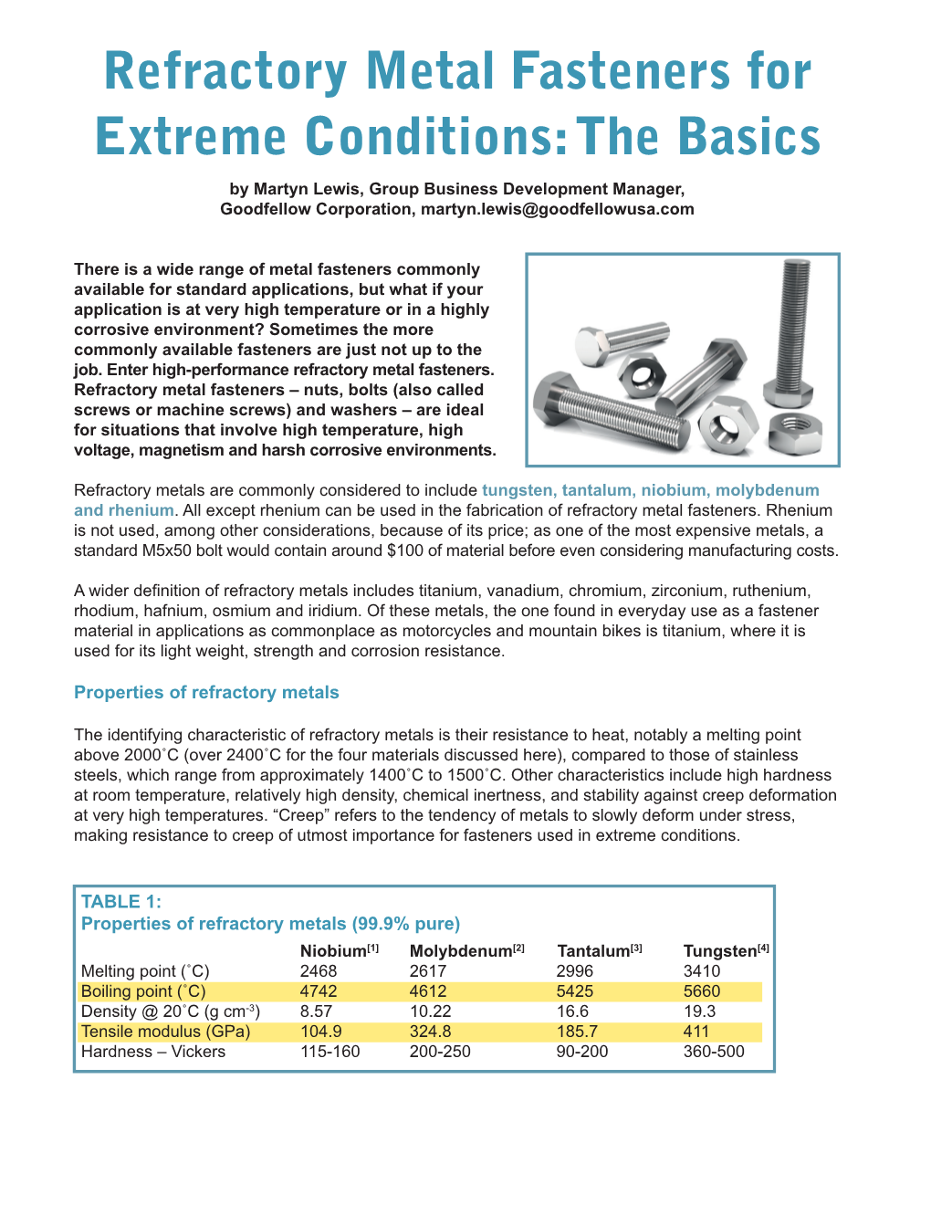 Refractory Metal Fasteners for Extreme Conditions: the Basics