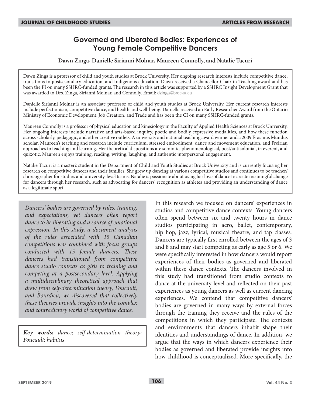 Experiences of Young Female Competitive Dancers Dawn Zinga, Danielle Sirianni Molnar, Maureen Connolly, and Natalie Tacuri