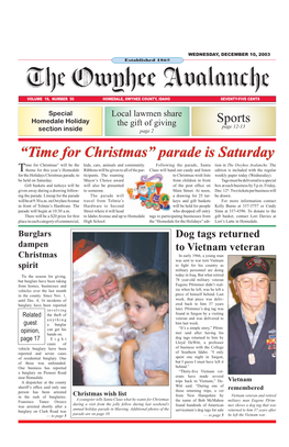 “Time for Christmas” Parade Is Saturday Ime for Christmas” Will Be the Kids, Cars, Animals and Community