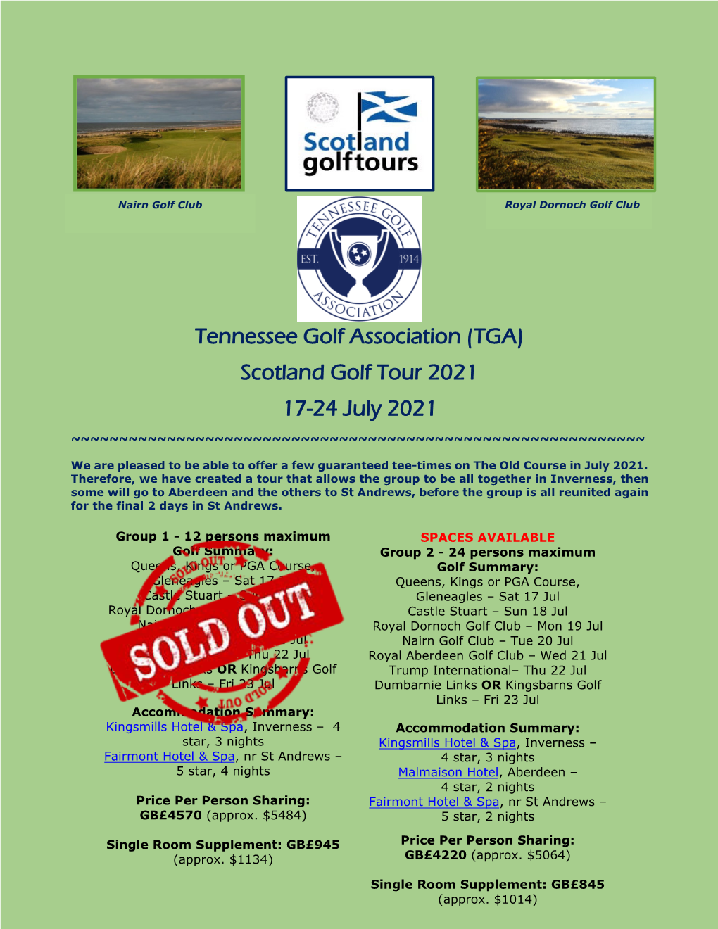 Tennessee Golf Association (TGA) Scotland Golf Tour 2021 17-24 July 2021