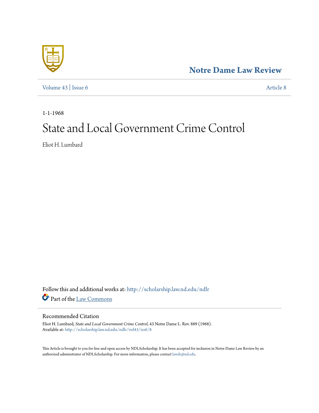 State and Local Government Crime Control Eliot H