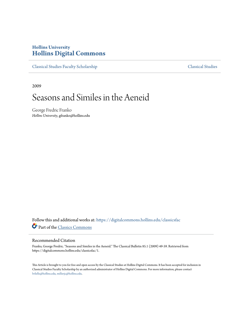 Seasons and Similes in the Aeneid George Fredric Franko Hollins University, Gfranko@Hollins.Edu