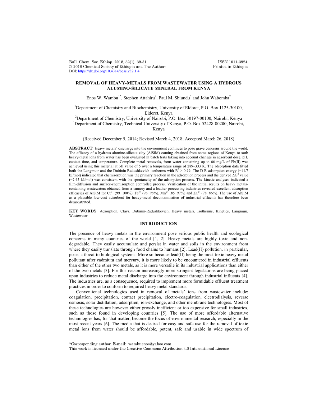 Removal of Heavy-Metals from Wastewater Using a Hydrous Alumino-Silicate Mineral from Kenya