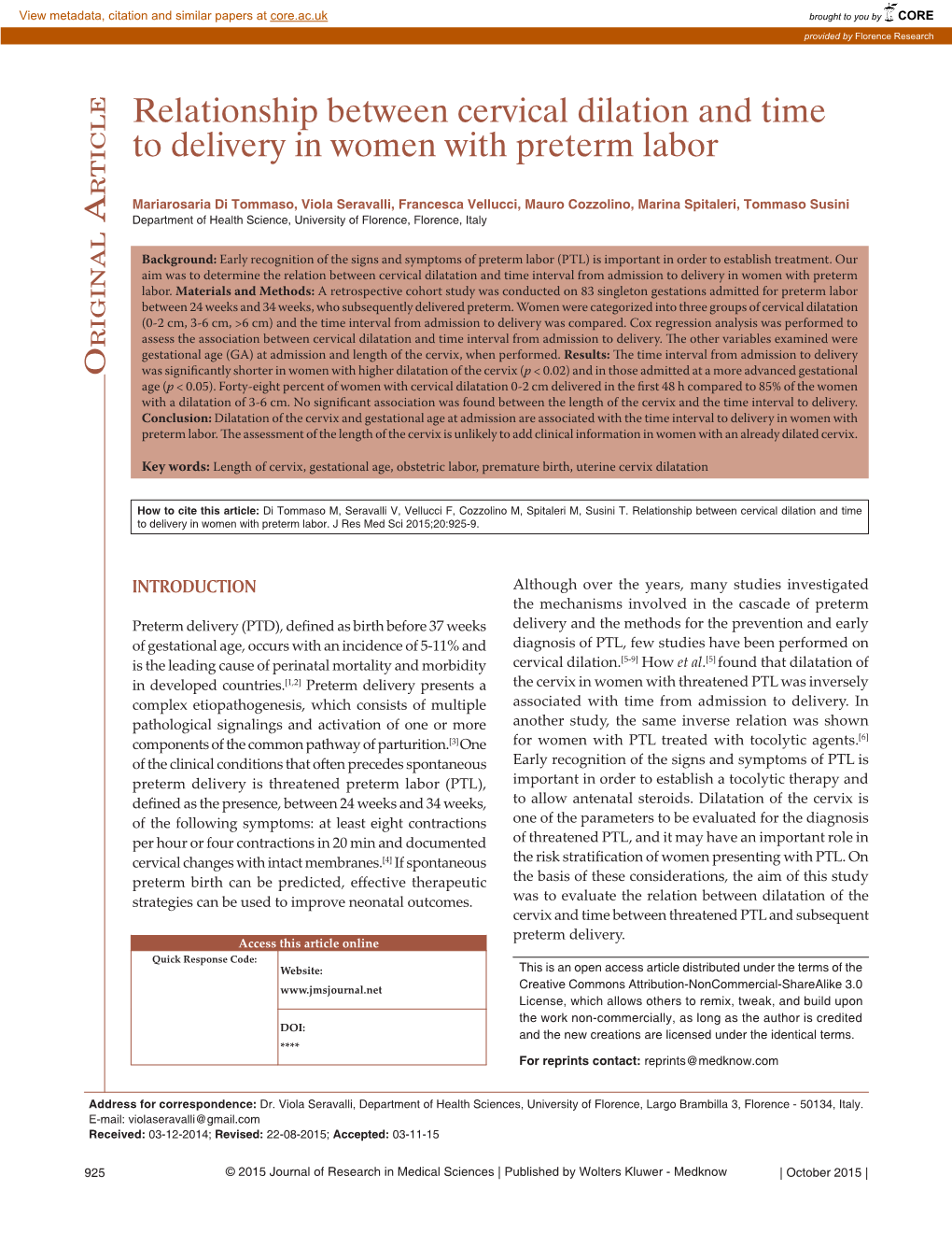 Relationship Between Cervical Dilation and Time to Delivery in Women with Preterm Labor