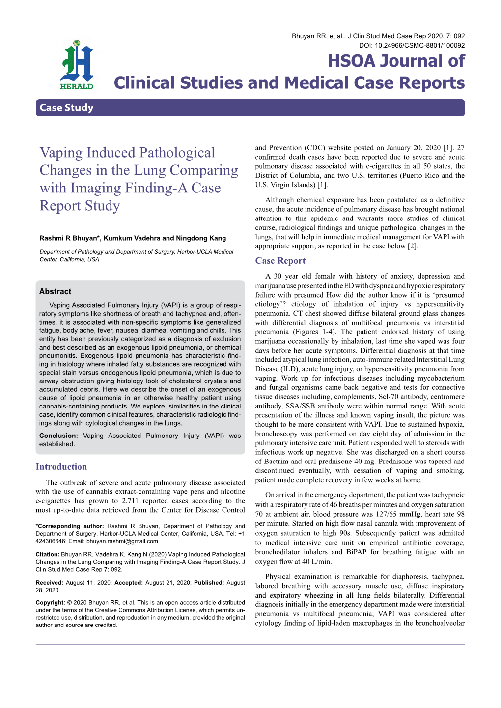 Vaping Induced Pathological Changes in the Lung Comparing with Imaging Finding-A Case Report Study