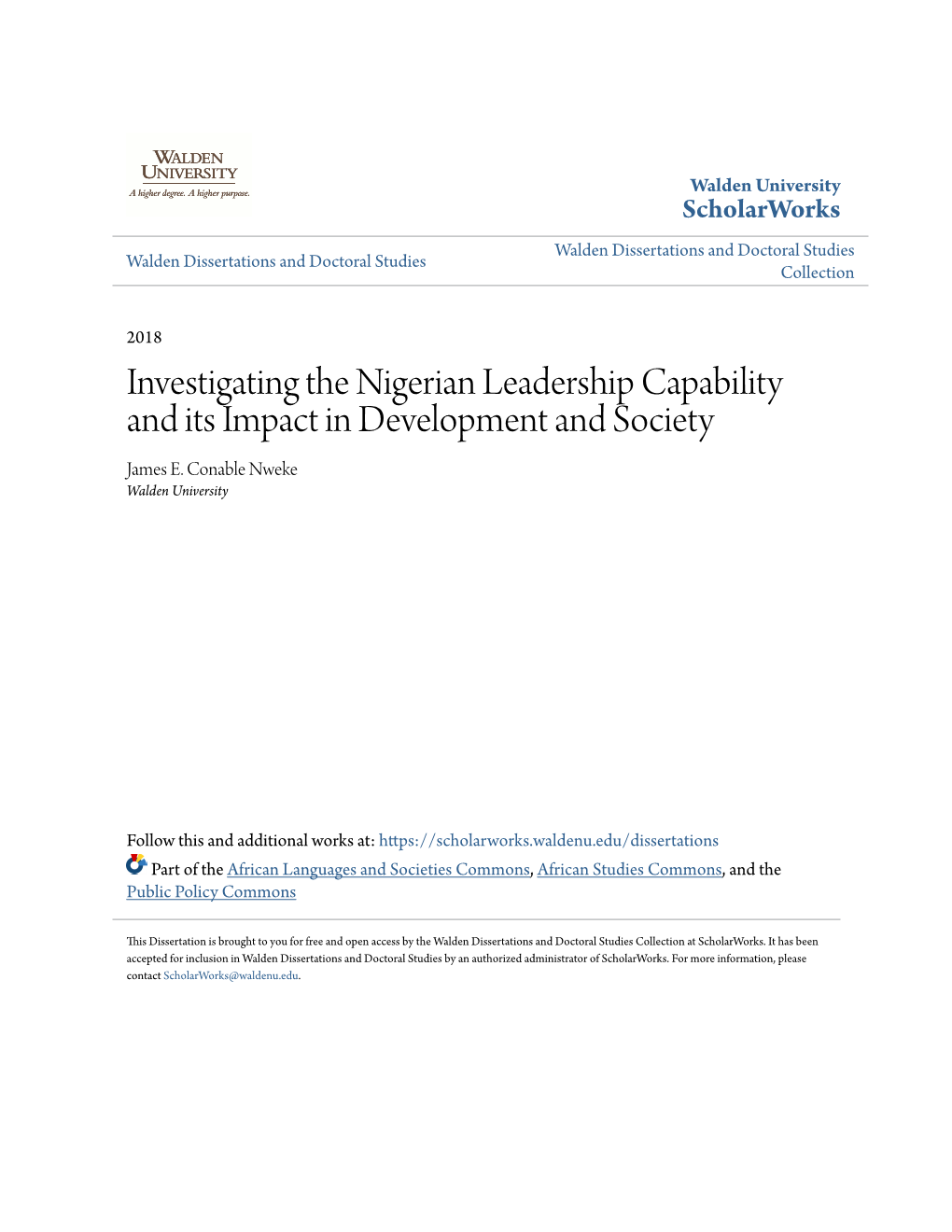 Investigating the Nigerian Leadership Capability and Its Impact in Development and Society James E