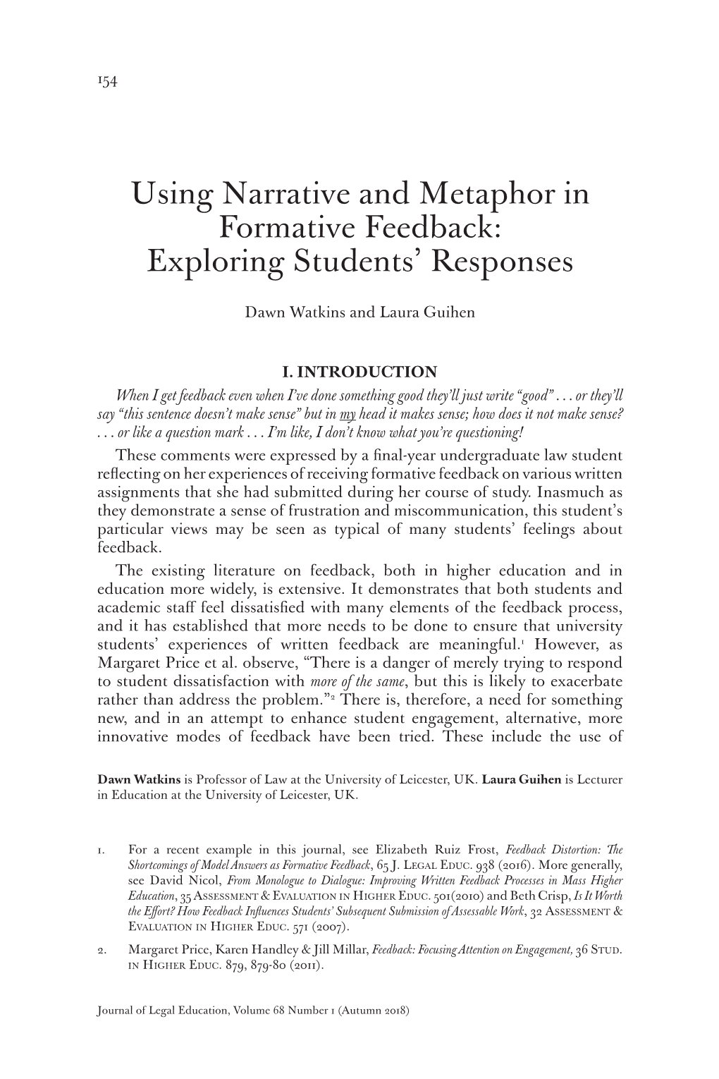 Using Narrative and Metaphor in Formative Feedback: Exploring Students’ Responses