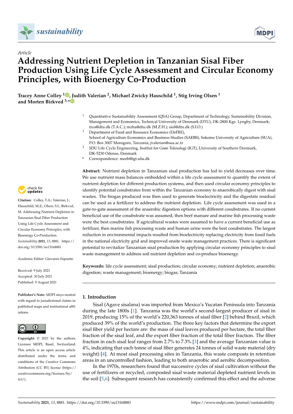 Addressing Nutrient Depletion in Tanzanian Sisal Fiber Production Using Life Cycle Assessment and Circular Economy Principles, with Bioenergy Co-Production