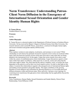 Norm Transference: Understanding Patron- Client Norm Diffusion in the Emergence of International Sexual Orientation and Gender Identity Human Rights
